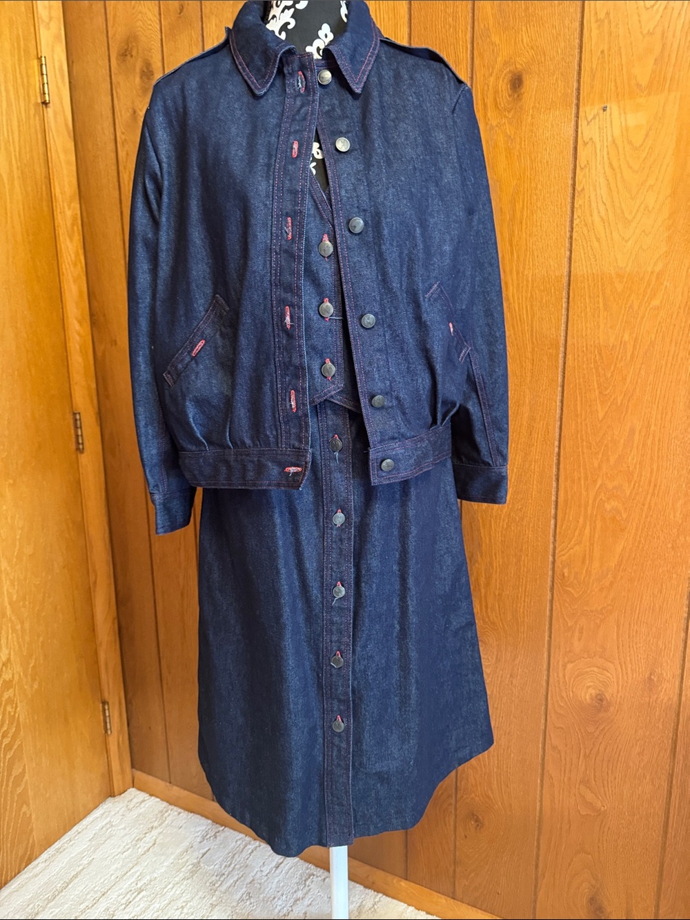 Halston 111 Women's Dark Indigo Denim Jacket and Vest & Skirt Set